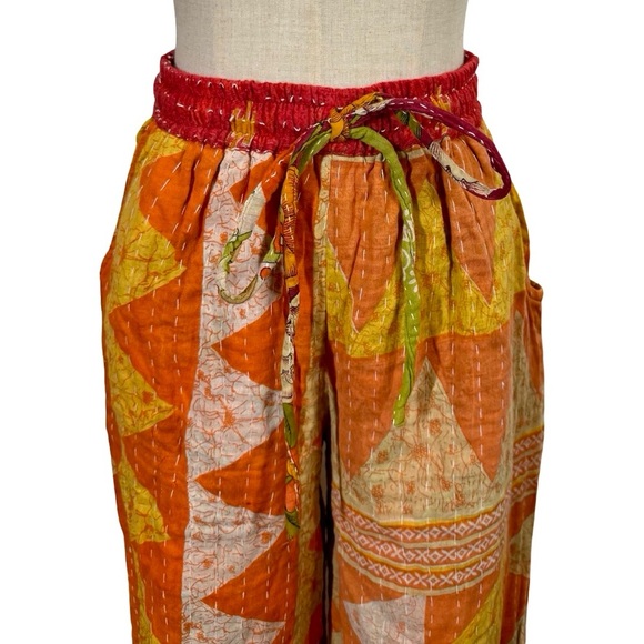 Kantha Wide Leg Drawstring Pull On Pants Handmade Boho Patchwork - Picture 3 of 6
